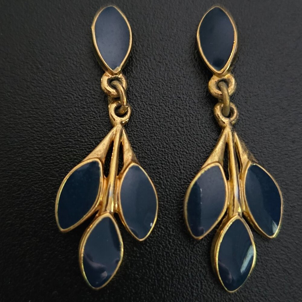 Vintage Gold Tone & Navy Enamel Dangle Earrings – 80's Retro Chic